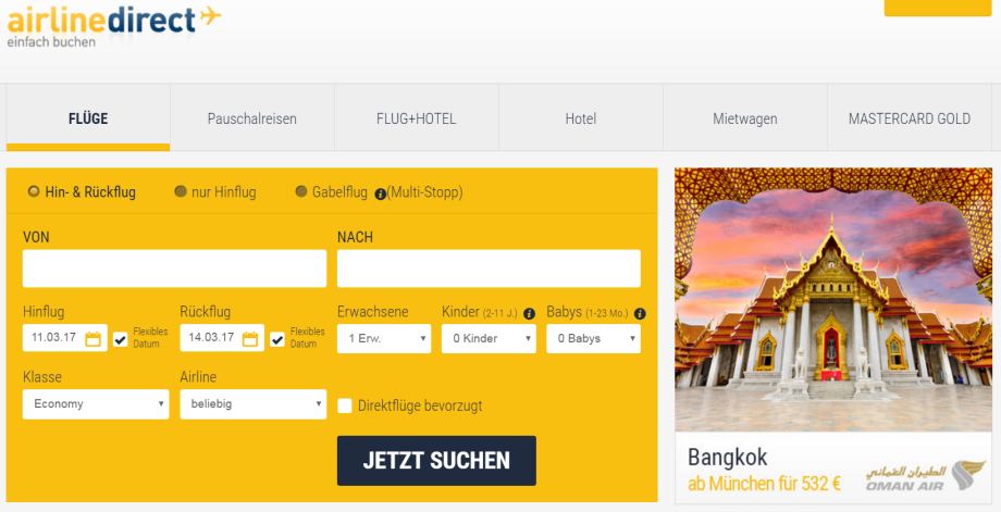 AIRLINE-DIREKT Flugbuchung Buchungsmaske
