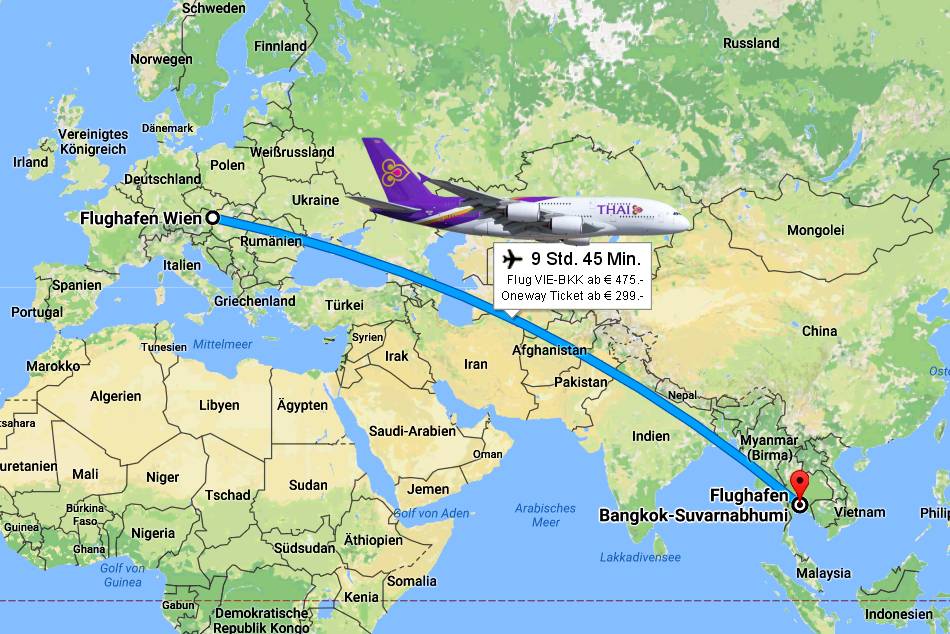 Foto: Flugroute Wien-Bangkok - Die besten Flugticket Sonderangebote für günstige Flüge nach Thailand finden